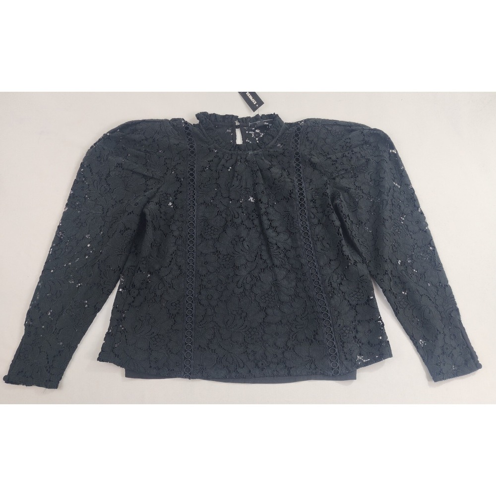 Express Womens XS Black Lace Blouse Long Sleeve Ruffle Neck 08656849 NEW